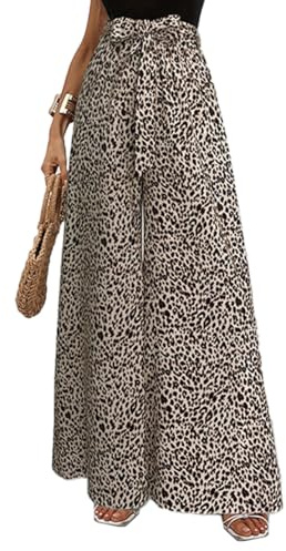 EMOTTOS Pantalon évasé pour Femme, été, UK Pantalon Large pour Femme, imprimé léopard, Taille Haute, Ceinture élastique avec nœud, Ample, Fluide, Extensible, Confortable, léger, élégant, Marron, L