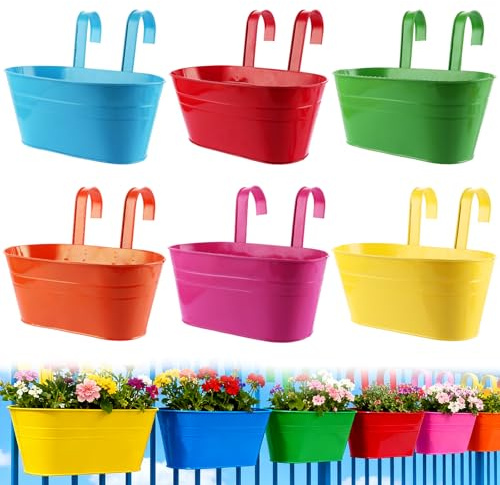 DAJAVE 6 vasi da fiori sospesi in metallo, 27,5 cm, vasi da fiori sospesi, vasi per fiori da balcone, ringhiera, grande fioriera da appendere per balcone, recinzione, giardino (colore 2)