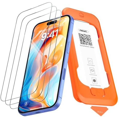 NEW'C 3 Piezas, Protector de pantalla Cobertura total para iPhone 16, iPhone 15 6,1 pulgadas [Instalación Automática], Cristal Vidrio Templado - Ultra Resistente - Efectivo contra Rayones
