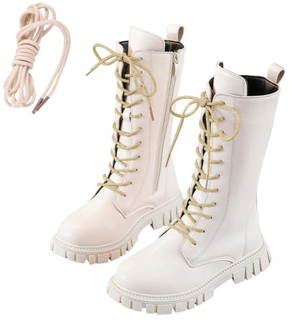 Girls Lace Up Riding Boots Kids Mid Calf Combat Boots PU Leather Side Zipper Punk Goth Boot Casual Cowgirl Princess School Shoes Outdoor Solid Color Anti Slip Autumn Winter for Age 4-11 Years