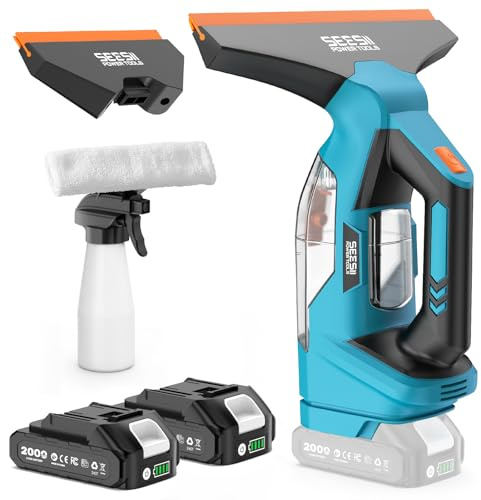 Fenstersauger Set mit 120 Minuten Akkulaufzeit, Elektrischer Fensterreiniger mit 28cm+17cm Saugdüse, 150ml Wassertank, 2X 2000mAh Akku, Geeignet für Fenster, Fliesen und Spiegel