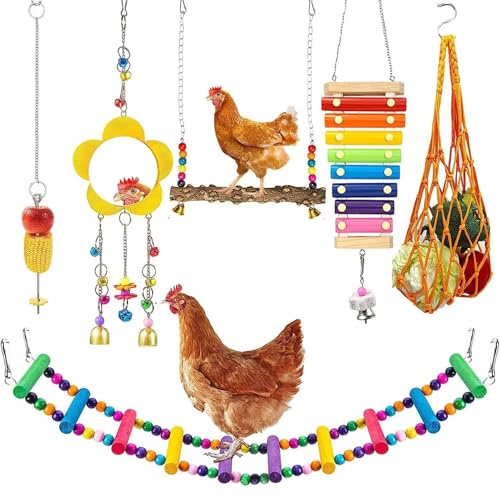 Hilai 6 Pezzi Giocattoli per Polli, Scala per Polli Altalena in Legno Naturale, Specchio per Xilofono con Campane Frutta Mangiatoia Appesa Accessori per pollai per Uccelli Gallo Galline Pulcini