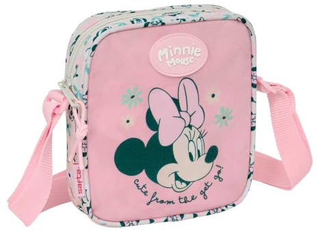 Safta | Bandolera Infantil Disney Minnie Mouse Minty, Bolsito Cruzado con Correa Ajustable, Compartimento con Cremallera, Diseño Rosa con Estampado Floral, Vuelta al Cole y Diario, Medidas 16x4x18 cm