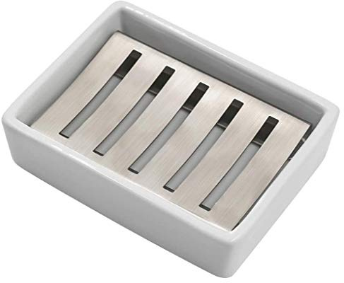 Ulable Keramik 304 Edelstahl Seifenschale, Doppellagig, Selbstentleerender Seifenhalter, Langlebig Seifenretter, Leicht zu reinigen, Seifenbox für Badezimmer (weiß)