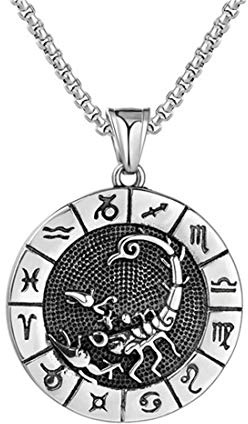 HIJONES Ancien Rond Signe Scorpion Constellation Charme Collier pour Homme Femme en Acier Inoxydable avec Longue Boîte Chaîne