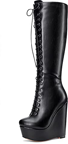 NobleOnly Scarpe col Tacco Donna Plateau Zeppa Stivali Metà Polpaccio Cerniera Lacci Wedge Boots 16CM High Heels Nero Opaco Scarpe EU 39