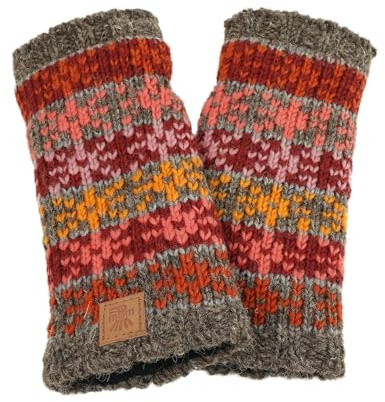 Pachamama Women Wool Hand Wrist Warmers Fleece Lined Handknitted Stars Grey Multicoloured One-Size Handmade Extra Warm Fair Trade