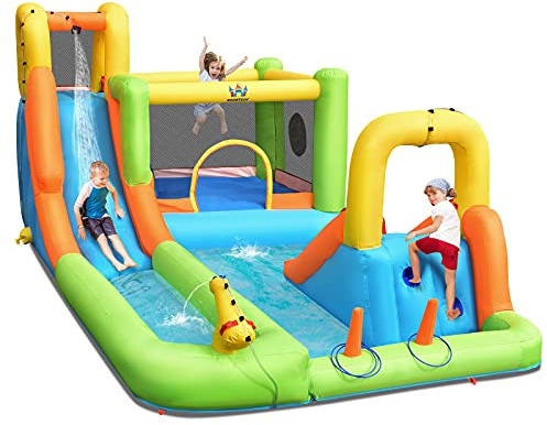 COSTWAY Hüpfburg mit Wasserpark, Zwei Rutschen, Kletterwand, Basketballkorb, Punktwerfer und Wasserkanone, Springburg inkl. Tragetasche, Reparaturset, Heringe 503x290x216cm