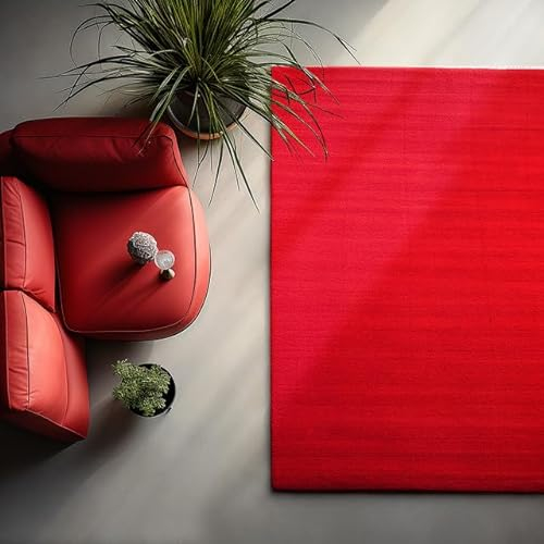 HomebyHome Kurzflor Teppich Wohnzimmer 140 x 200 cm Rot - Waschbarer Teppich für Schlafzimmer, Esszimmer und Ideal als Küchenteppich - Flauschiger Teppich Extra Weich, Einfarbig, rutschfest, Modern