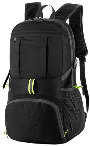 Dokeno 35L Leicht Faltbarer Rucksack, Packbare Backpacks, Wanderrucksack Ultraleicht, Wasserfest Outdoor Sportlich Backpack Travel Daypack für Herren Damen (Schwarz)
