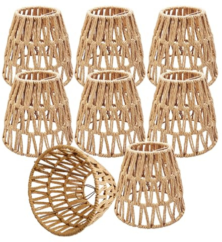 LECEHIVO 8 Pcs Small Rattan Bell Lamp Shade 5.9 x 5.7 Inch Handwoven Wicker Chandelier Barrel shades Boho Replacement Shades for Pendant, Table, Floor, and Sconce Lamps (Fitter 1.57)