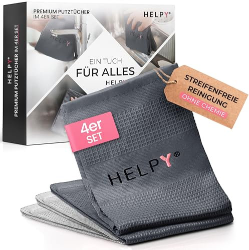 H E L P Y® Putztücher [4er Set] – streifenfreie Fensterputztücher – fusselfreie Reinigung – Microfasertücher für Küche, Bad, Auto & Fenster – hell-/dunkelgrau – 40 x 60