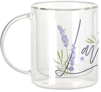 Fabulous Dubbelväggig glasmugg - lavendel blommor minimalistisk chic trädgård kärlek - kaffekopp och isolerad 330 ml hängande effekt mot buller, tryck i Frankrike