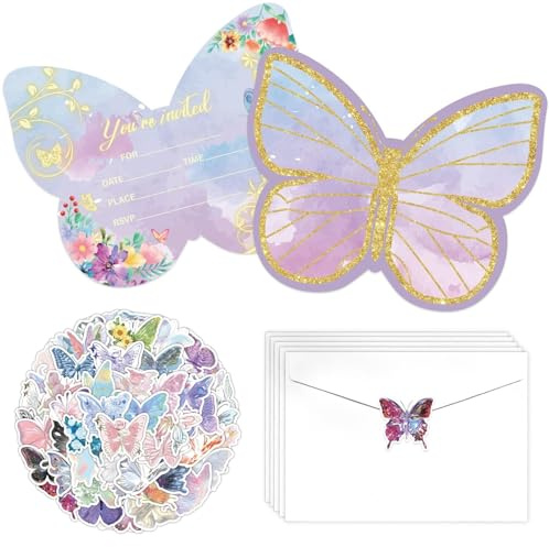 AJINXIN 20 Sets Butterfly Birthday Invitations with Envelopes and Stickers for Girls Butterfly Theme Birthday Party,Baby Shower Wedding, 120 x 150 mm