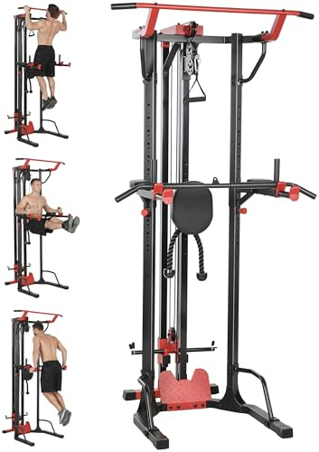 SPORTNOW Power Tower with Lat Pull down Machine, Pull up Bar, Dip Station and Push up Bar, Adjustable Height Multifunction Power Pack for Home Gym Strength Training, 300kg Capacity