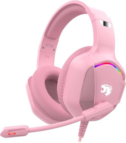 IMYB A36 spelheadset med mikrofon för Pc, Xbox One Series X/s, Ps4, Ps5, Stereo Surround Noise Cancelling-hörlurar med mikrofon RGB-ljus för Mac, bärbar dator, spelare (rosa)