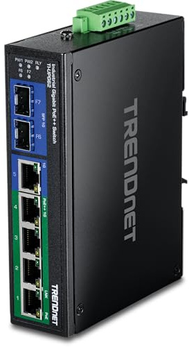 TRENDnet, TI-UPG62, Switch industriale rinforzato Gigabit 10/100/1000 Mbps Ultra PoE DIN-Rail a 6 porte, UPoE, IP30, montaggio su guida DIN e a parete incluso