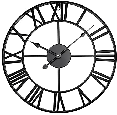 Large Wall Clock Silent Non-Ticking, Battery Powered Metal Large Kitchen Clock with Roman Numerals, Skeleton Black Wall Clocks for Living Room, Bedroom, Garden (Roman-Black, 40CM/ 15 Inches)