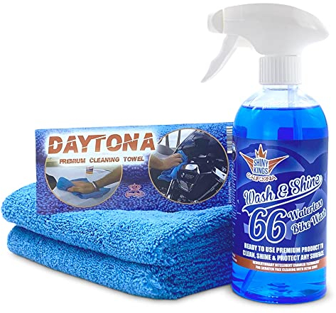 Shinykings BIKE | Nano-Tech | Wasserloser Motorrad-Reiniger und Insektenentferner | Hochglanz Schnellreiniger | Kratzfreie Trockenwäsche | Shampoo | Trockenreiniger | 1 x 0,5L Spray + 2 Spezialtücher
