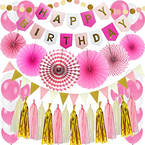 ZERODECO Geburtstagsdeko, Rosa Geburtstag Dekoration Happy Birthday Girlande mit Papier Fans Fächer Dreieckige Wimpel Papier-Quaste Girlanden und Luftballon