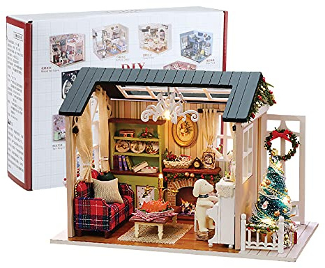 Miniatura de la Casa de Muñecas con Muebles de Navidad,Kit de Manualidades DIY Miniatura Mini Tamaño Casa de Muñecas Kits 3D Casa de Muñecas de Madera para Decoración de Regalo Cumpleaños de Navidad
