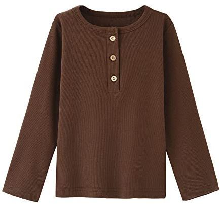 BINIDUCKLING Maglietta Henley a maniche lunghe per bambini, ragazzi e ragazze, tinta unita, con bottoni, 2-7 anni, Marrone, 2 anni