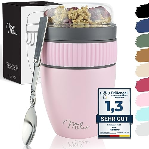 Milu Müslibecher to go 400ml MüsliMax I isolierter Edelstahl Joghurtbecher für Müsli I auslaufsicherer Becher mit Löffel für Yoghurt/Porridge (Rosa)