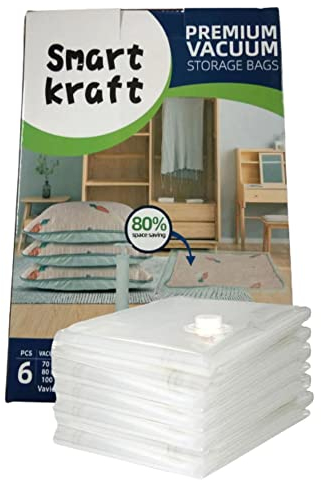 SMART KRAFT 6 PACK (2 JUMBO + 2 LARGE + 2 MEDIUM) VACUUM STORAGE BAGS FOR CLOTHES, DUVETS, BEDDING, PILLOW, TRAVELING WITH DOUBLE ZIP SEAL VACUUM BAGS FOR CLOTHES