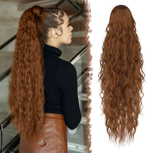 FESHFEN Coda Capelli Extension con Coulisse Lunga Auburn Chiaro Ondulati Ricci Posticci Sintetici Ondulati Coda Cavallo Extension Posticci Extension Capelli per Donna, 65 cm