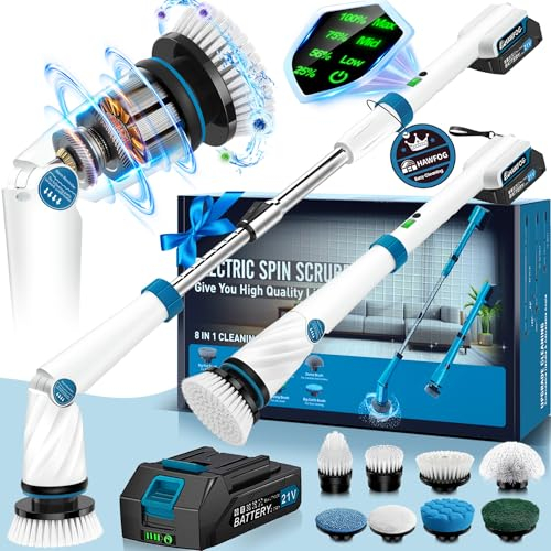 Hawfog Elektrisk Spin Scrubber, elektrisk skrubbare 1 200 RPM, 50 tum långt handtag, 2 000 mAh batteri, trådlös Power Spin Scrubber med 8 borstar