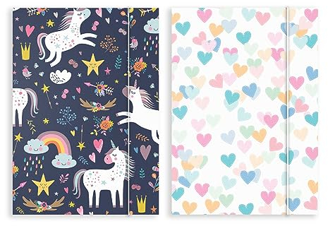 Friendly Fox DIN A4 Sammelmappen Set Einhorn & Herzen, 2x Schulmappe Kinder, Postmappe A4 Schule mit Gummizug, bunte Hausaufgabenmappe Kinder Schule