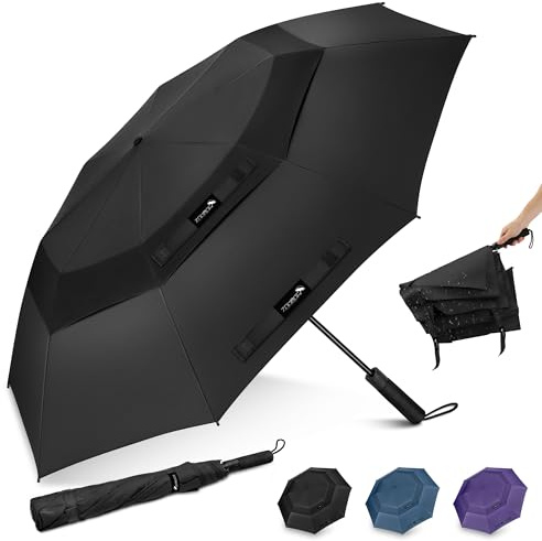 ZOMAKE Ombrello Pieghevole Grande, Ombrelli Grande da Golf Antivento Resistente 157cm, Umbrella Grandi da Pioggia Automatico Compatto per Uomo Donna (Nero-B)