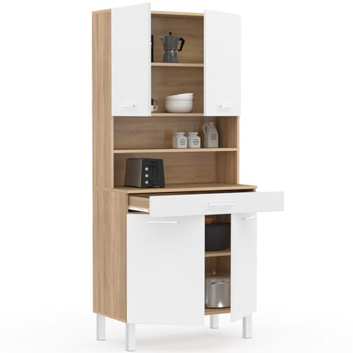 IDMarket - Küchenbuffet 80 cm CINA 4 Türen + Schublade in Buchenholzoptik und Weiß