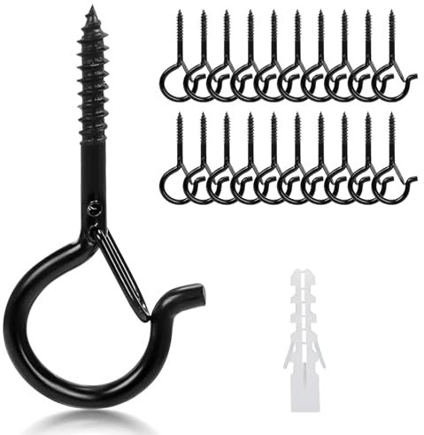 Genossen Schraubhaken, Edelstahl Haken zum Schrauben, Deckenhaken Schwerlast mit Sicherung, Hakenschrauben Wandhaken für Pflanzen, Blumentöpfe, Vogelhäuschen und Lichterketten (20 Schwarz)