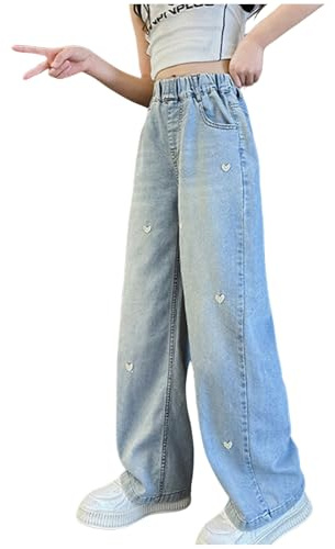 Jean Ample Ado Fille Taille Élastique 5-14 Ans Pantalon Droit Fluide Denim Large Fashion Hiver Confortable Casual Sport Streetwear (Blue, 10-11 Years)