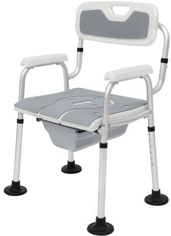Siège de baignoire pour personnes âgées, tabouret de douche réglable en hauteur pour personnes âgées, avec commode, chaise percée avec accoudoirs et dossier, design antidérapant, jusqu'à 150 kg, gris