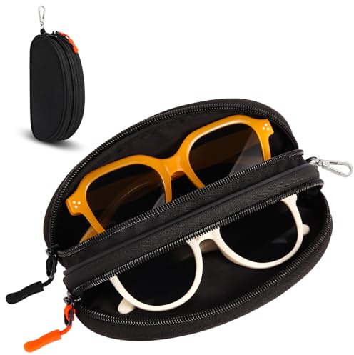 Syueyee Custodia doppia per occhiali, 2 in 1, morbida, portatile, da viaggio, con chiusura lampo, con clip per cintura, per occhiali da sole e occhiali da lettura