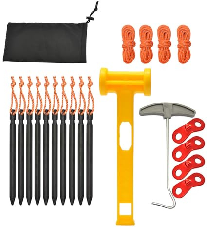 Guaber Secure Your Tent With 10xAluminum Stakes 4xNylon Guyline Rope 1xHammer Lightweight Camping Accessories For Outdoor Use Aluminum Stakes
