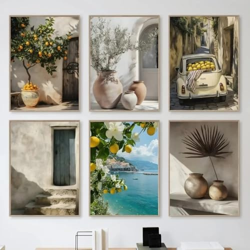 LZMASM Italian Lemon Orange Olive Tree Retro Mediterranean Greece Landscape Poster Canvas Prints Wall Art Picture Home Decor(50x70cm/6PCS Frameless)