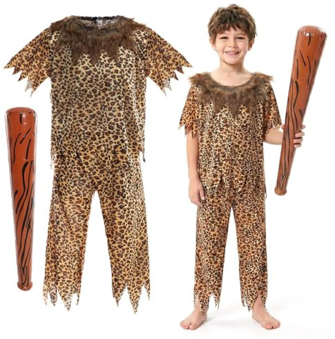 Childs Caveman-kostym med uppblåsbar klubb – barngrotta dweller maskeraddräkt för världsbokdagen, skolprojekt i stenåldern och förhistorisk utklädning