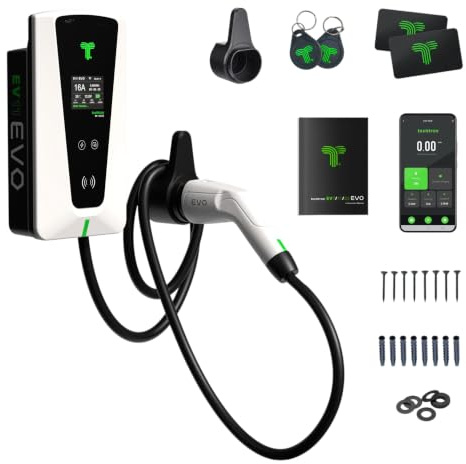techtron EV11 EVO Laddbox 11kW Typ 2 - Elbilsladdare 16A 3-fas med 5m Kabel, App, Dualband-WiFi, Bluetooth 5.3, RFID, LCD, IP65, CE/RoHS - för villa, garage, uppfart & företag
