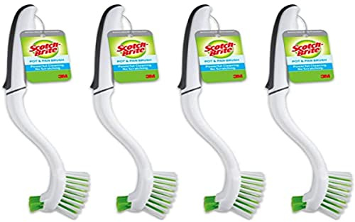 Scotch-Brite Pot + Pan Brush, Durable and Long Lasting Dish Brush with Handle for Scrubbing Stainless Steel, Outdoor Furniture, and Sinks without Scratching, Antimicrobial, and Rinses Clean