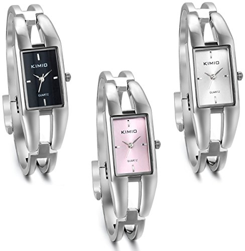 JewelryWe 3pcs Damen Armbanduhr, Elegant Charm Casual Analog Quarz Uhr mit Rechteck Zifferblatt, 3 Farben