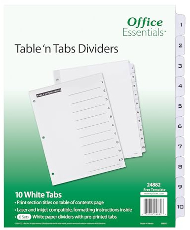 Office Essentials Table 'n Tabs Dividers, 8-1/2 x 11, 1-10 Tab, Black/White Tab, Laser/Inkjet, 6 Pk (24882)