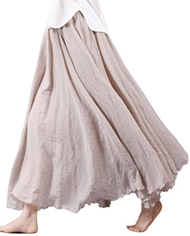 Camilife Jupe Longue en Coton et Lin pour Femme Fille Jupe Maxi Taille élastique Double Couche pour Taille XS-M 95cm Uni Beige