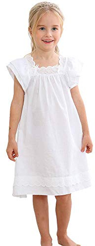Flwydran nattskjortor flickor långärmad mjuk familjepyjamas lång nattklänning sovkläder, Vit kortärmad, 8-9 år