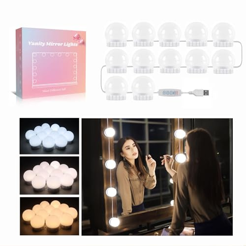 Akynite Luci da Specchio Hollywood 12 Lampadine, USB Fili Perfettamente Nascosti, 3 Colori e 10 Intensità, Make Up Luci Adesive per Specchio Trucco, Luci a LED Dimmerabile per Cornice Specchio
