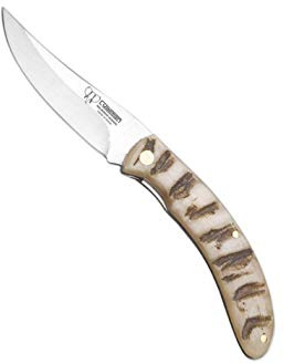 Navaja Cudeman 374-MF hoja de acero Sanvick 12c27 de 19 cm y empuñadura de cuerno de muflón de 10,5 cm con funda de cuero para Caza, Pesca, Supervivencia y bushcraft + Portabotellas Regalo