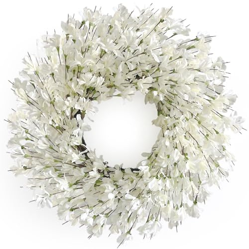 Spring Wreath for Front Door, 24 Inch White Cream Forsythia Spring Wreath Blossom Cluster Flower Farmhouse on Grapevine for Front Door Wall Window Hanging Décor Festival Celebration