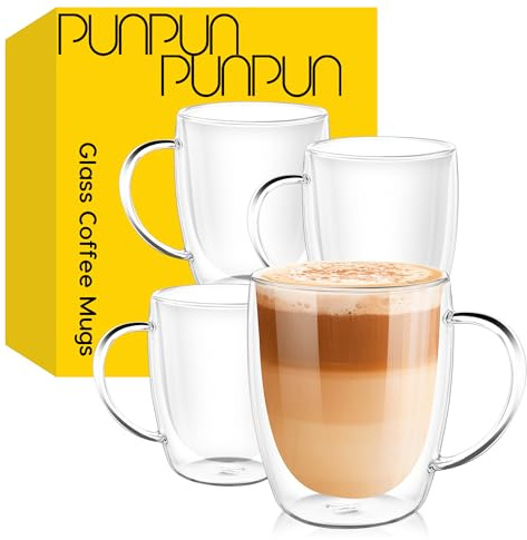 PunPun 380 ml kaffekoppar i glas – dubbelvägg, stort handtag – latte, iskallt eller varmt kaffe – set med 4 espressomuggar